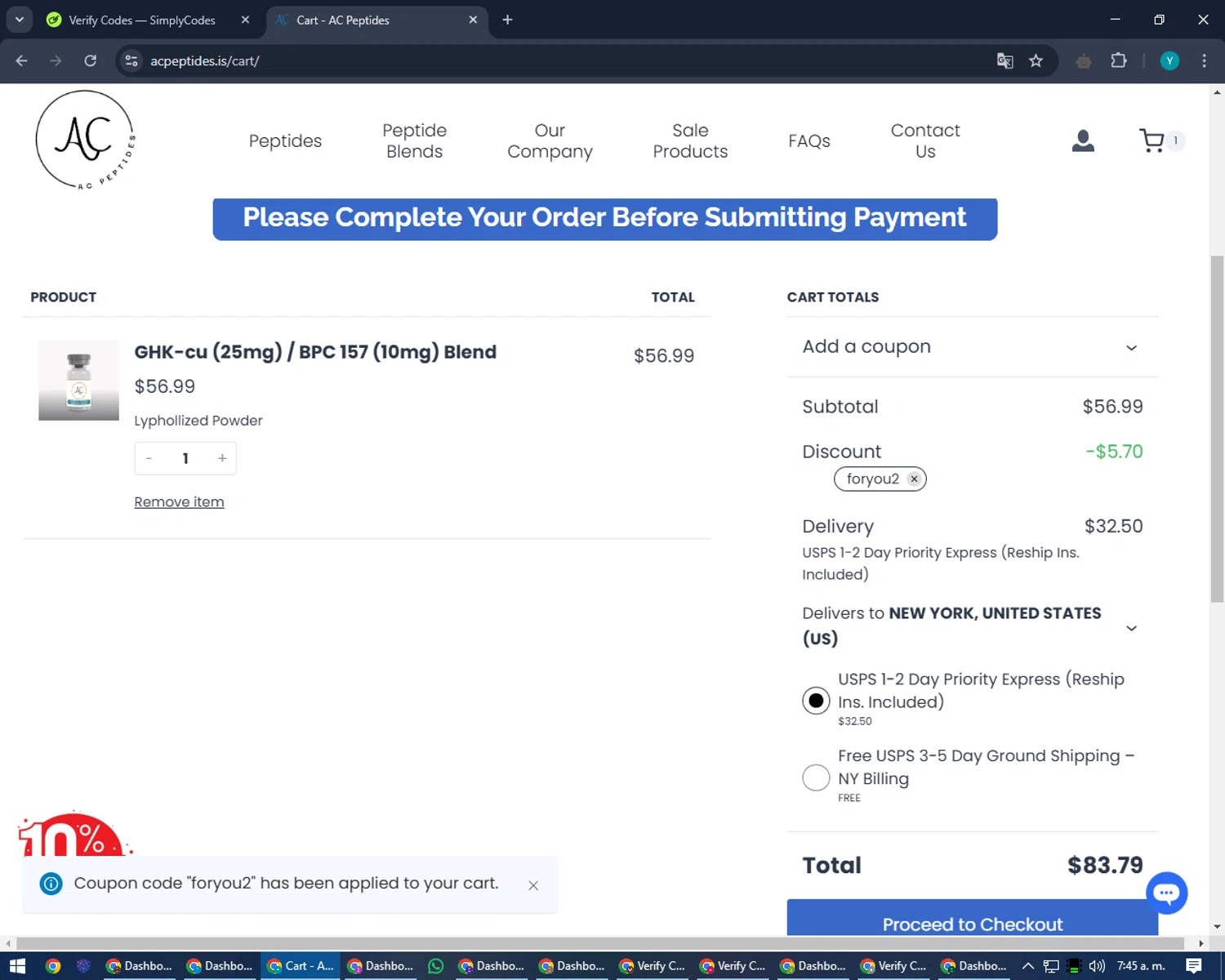 AC Peptides coupon code screenshot showing code foryou2 applied at AC Peptides checkout page. Uploaded by SimplyCodes community member RoyalEagle4794 on Jan 30, 2025