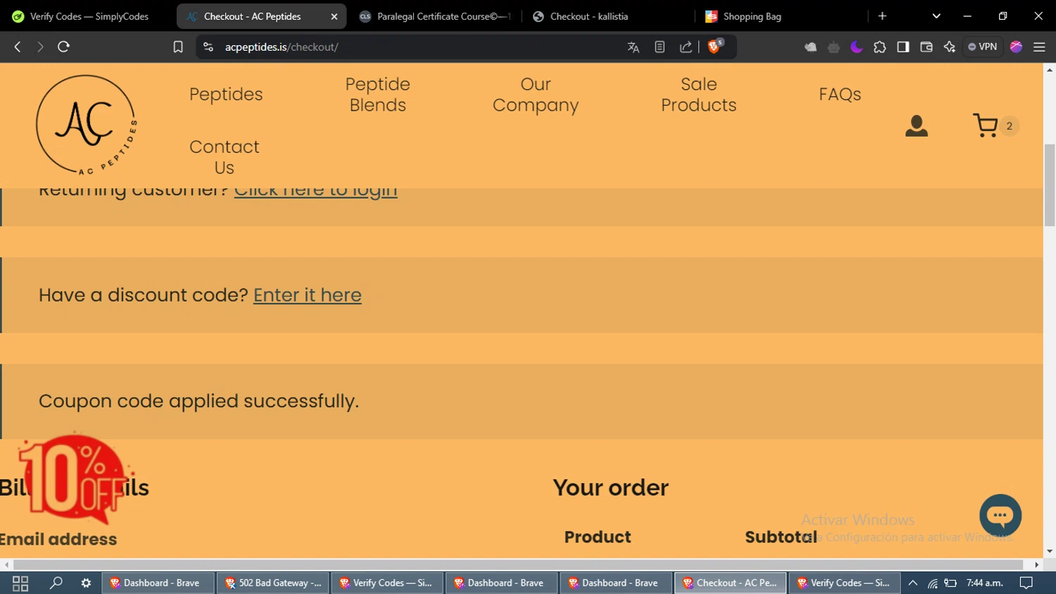 AC Peptides coupon code screenshot showing code foryou2 applied at AC Peptides checkout page. Uploaded by SimplyCodes community member CodeDefender2722 on Jan 30, 2025
