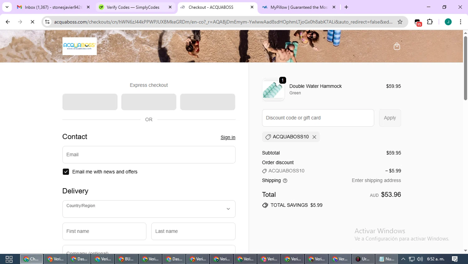 AcquaBoss promo code screenshot showing code ACQUABOSS10 applied at AcquaBoss checkout page. Uploaded by SimplyCodes community member SavvyCurator1770 on Dec 29, 2025