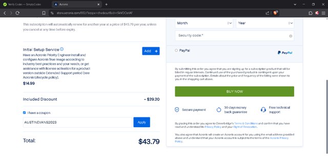 Acronis checkout page showing Acronis coupon code box | Screenshot taken by SimplyCodes community member on Apr 24, 2025