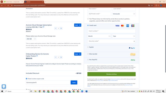 Acronis checkout page showing Acronis coupon code box | Screenshot taken by SimplyCodes community member on Mar 22, 2025
