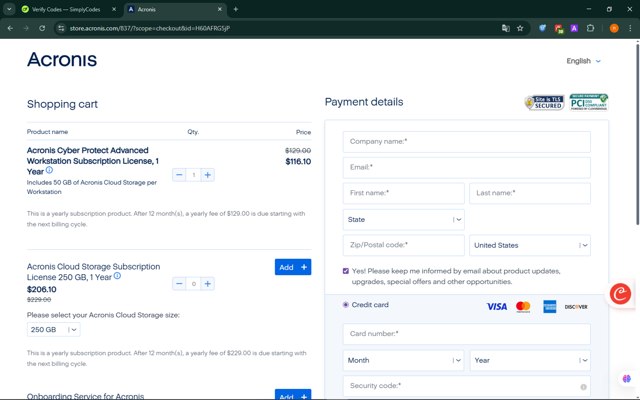 Acronis checkout page showing Acronis coupon code box | Screenshot taken by SimplyCodes community member on Sep 4, 2025