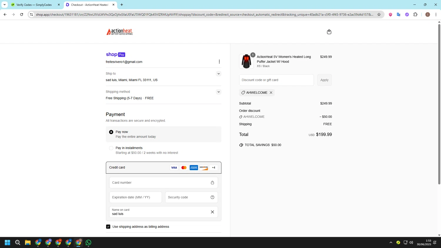 Action Heat discount code screenshot showing code AHWELCOME applied at Action Heat checkout page. Uploaded by SimplyCodes community member CashSleuth106 on Jun 30, 2025