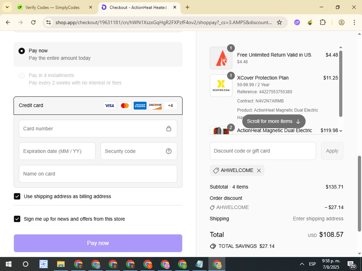 Action Heat discount code screenshot showing code AHWELCOME applied at Action Heat checkout page. Uploaded by SimplyCodes community member VictorL on Aug 8, 2025