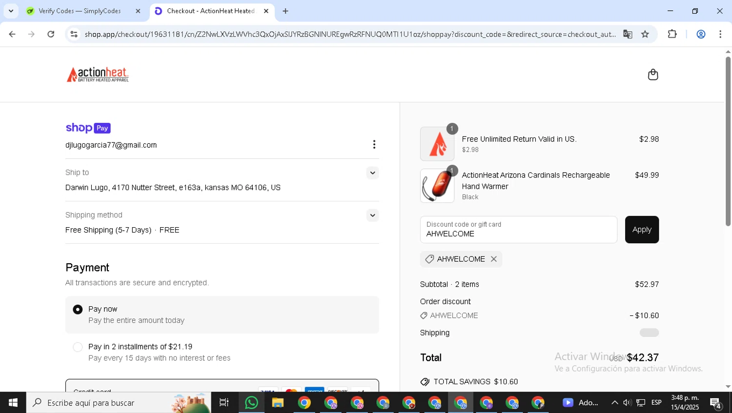 Action Heat discount code screenshot showing code AHWELCOME applied at Action Heat checkout page. Uploaded by SimplyCodes community member ShrewdMonarch9444 on Apr 15, 2025