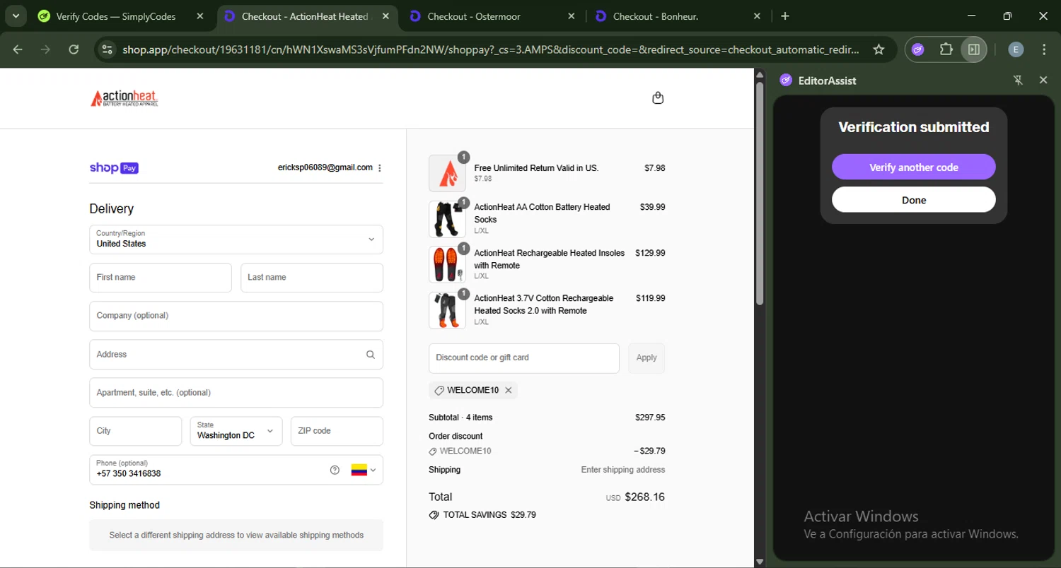 Action Heat discount code screenshot showing code WELCOME10 applied at Action Heat checkout page. Uploaded by SimplyCodes community member ExtraordinaryMonarch4598 on Aug 8, 2025