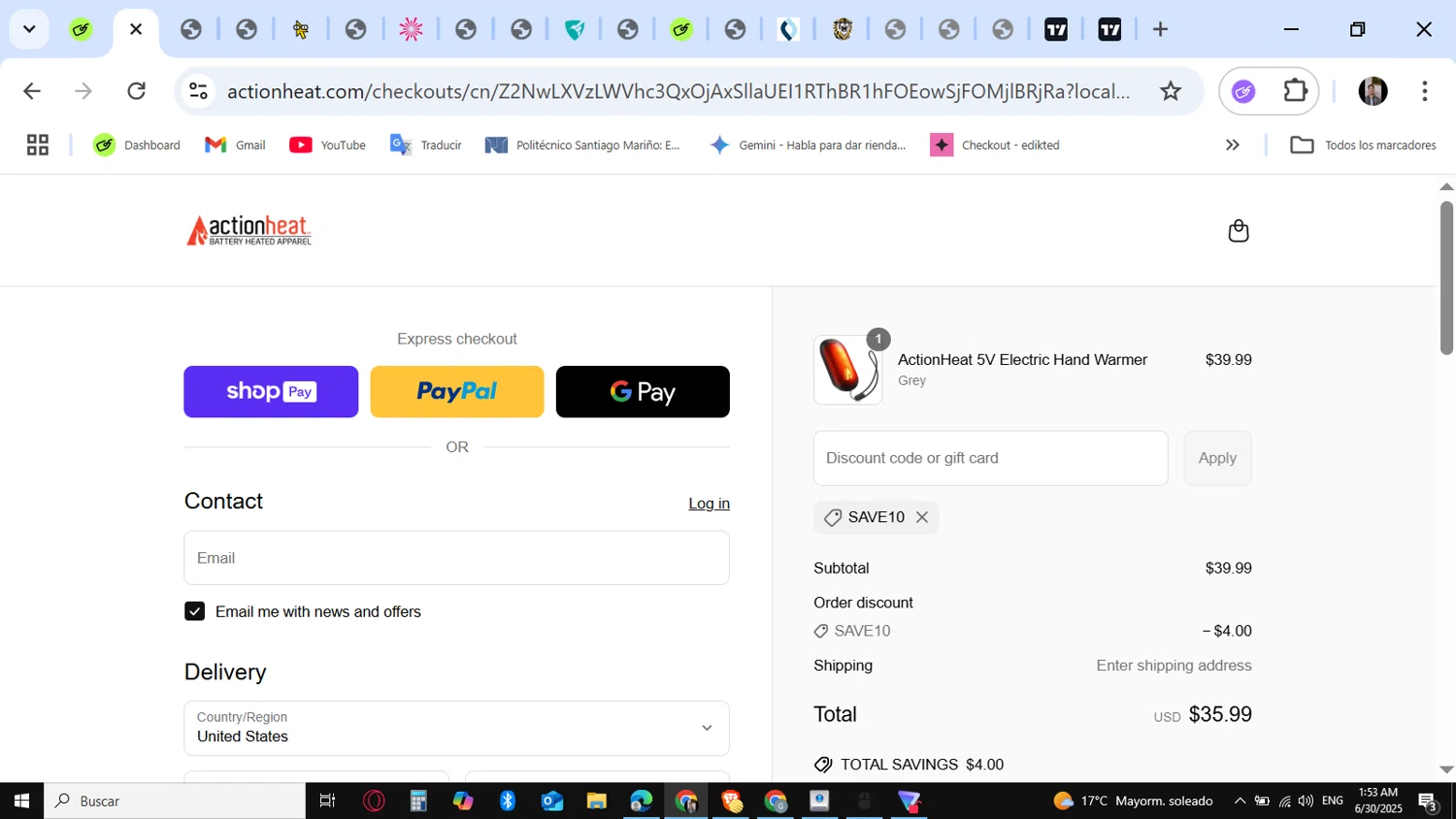 Action Heat discount code screenshot showing code SAVE10 applied at Action Heat checkout page. Uploaded by SimplyCodes community member KataldoMustafack on Jun 30, 2025