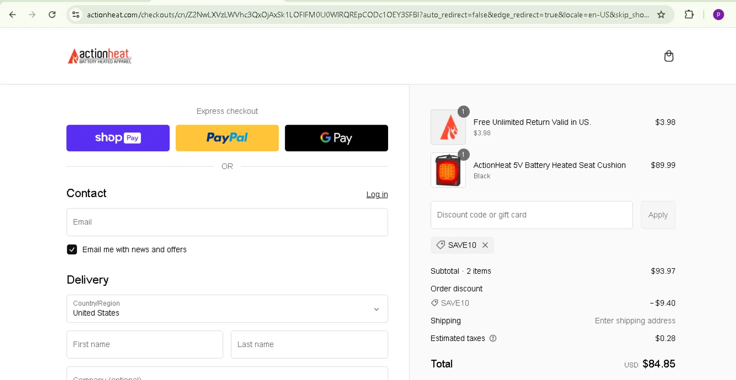 Action Heat discount code screenshot showing code SAVE10 applied at Action Heat checkout page. Uploaded by SimplyCodes community member TreasureMaverick5280 on Feb 21, 2025