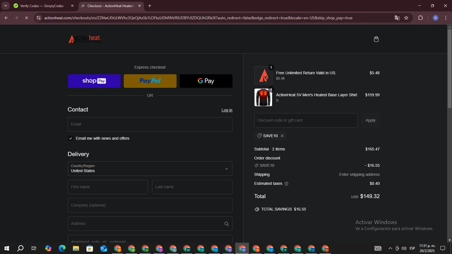 Action Heat discount code screenshot showing code SAVE10 applied at Action Heat checkout page. Uploaded by SimplyCodes community member ExtraordinarySaver3260 on Feb 21, 2025