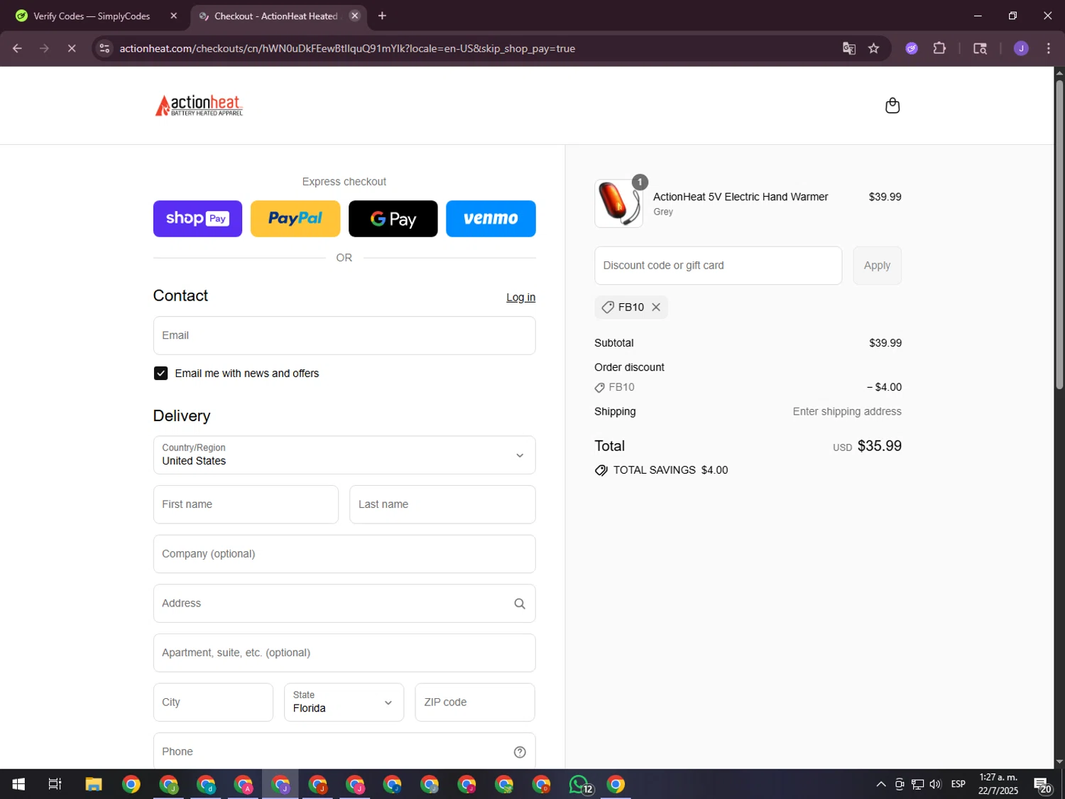 Action Heat discount code screenshot showing code FB10 applied at Action Heat checkout page. Uploaded by SimplyCodes community member ValueHero2277 on Jul 22, 2025