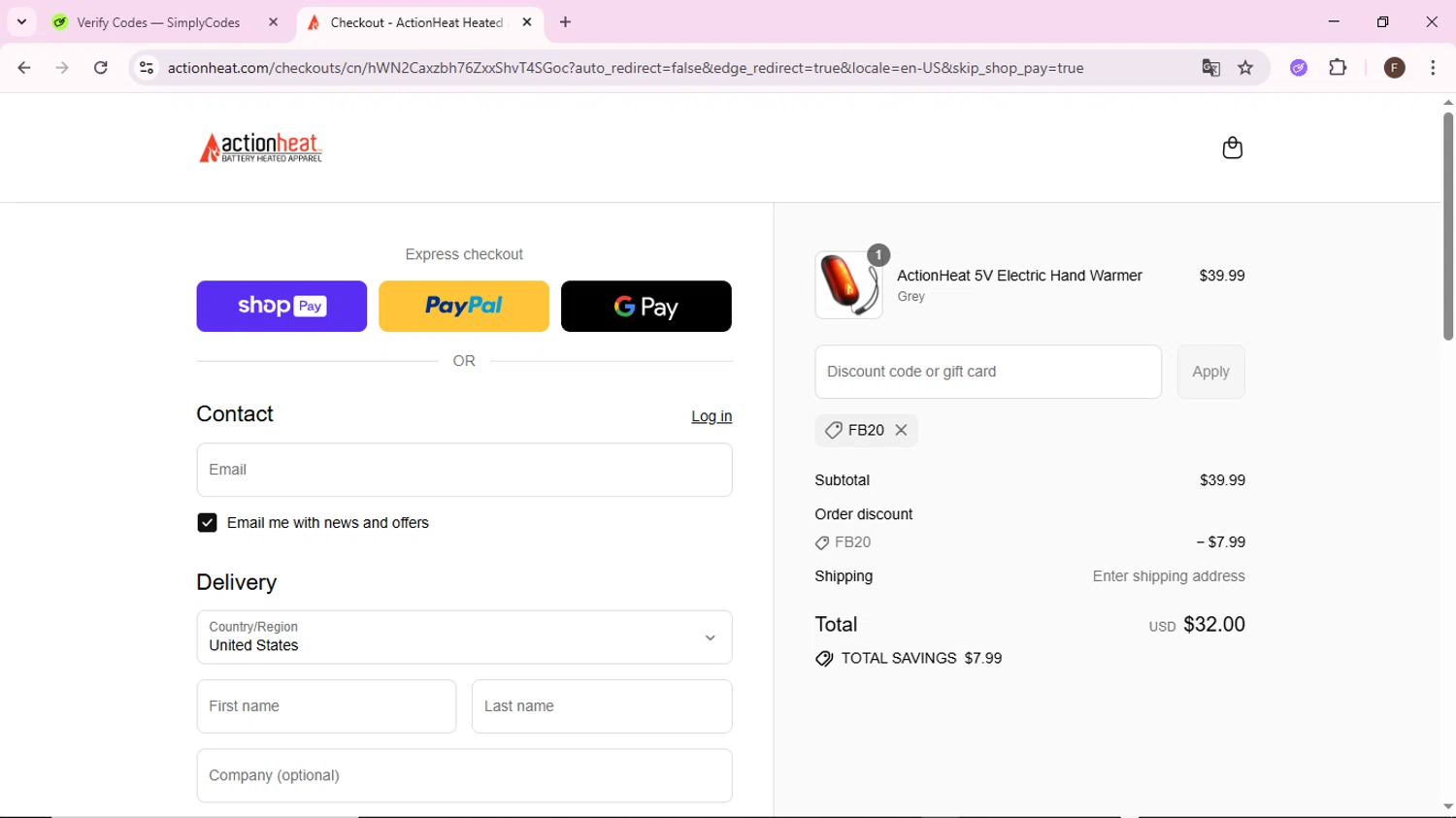 Action Heat discount code screenshot showing code FB20 applied at Action Heat checkout page. Uploaded by SimplyCodes community member BargainShopper1802 on Aug 25, 2025