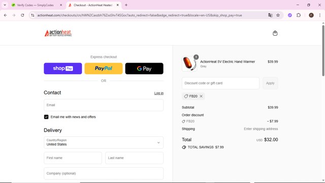 Action Heat checkout page showing Action Heat discount code box | Screenshot taken by SimplyCodes community member on Aug 25, 2025