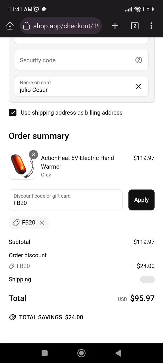 Action Heat discount code screenshot showing code FB20 applied at Action Heat checkout page. Uploaded by SimplyCodes community member CrownLion2750 on Jun 6, 2025