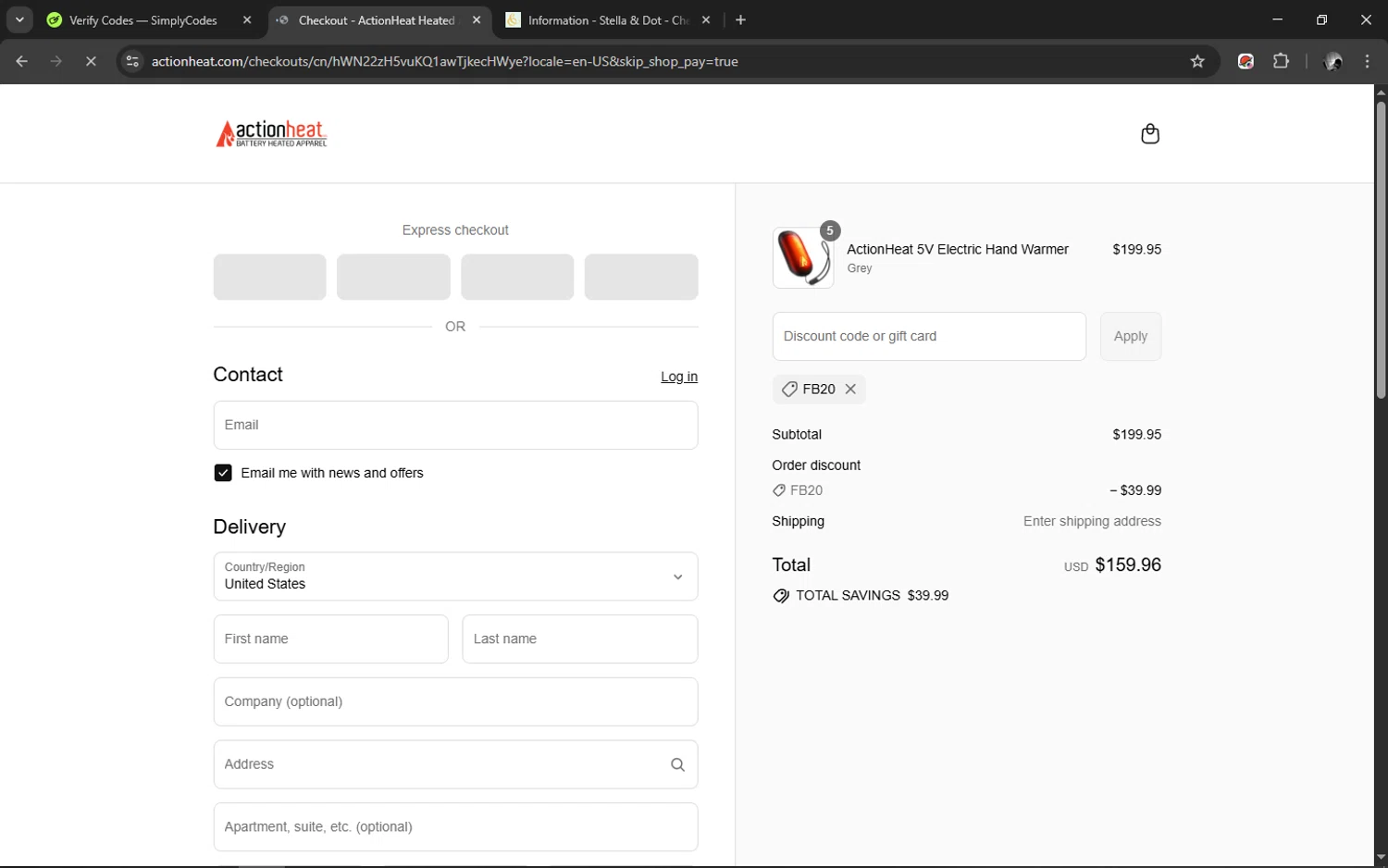 Action Heat discount code screenshot showing code FB20 applied at Action Heat checkout page. Uploaded by SimplyCodes community member hgjgjhgkgjhgjgkjghj on Aug 21, 2025