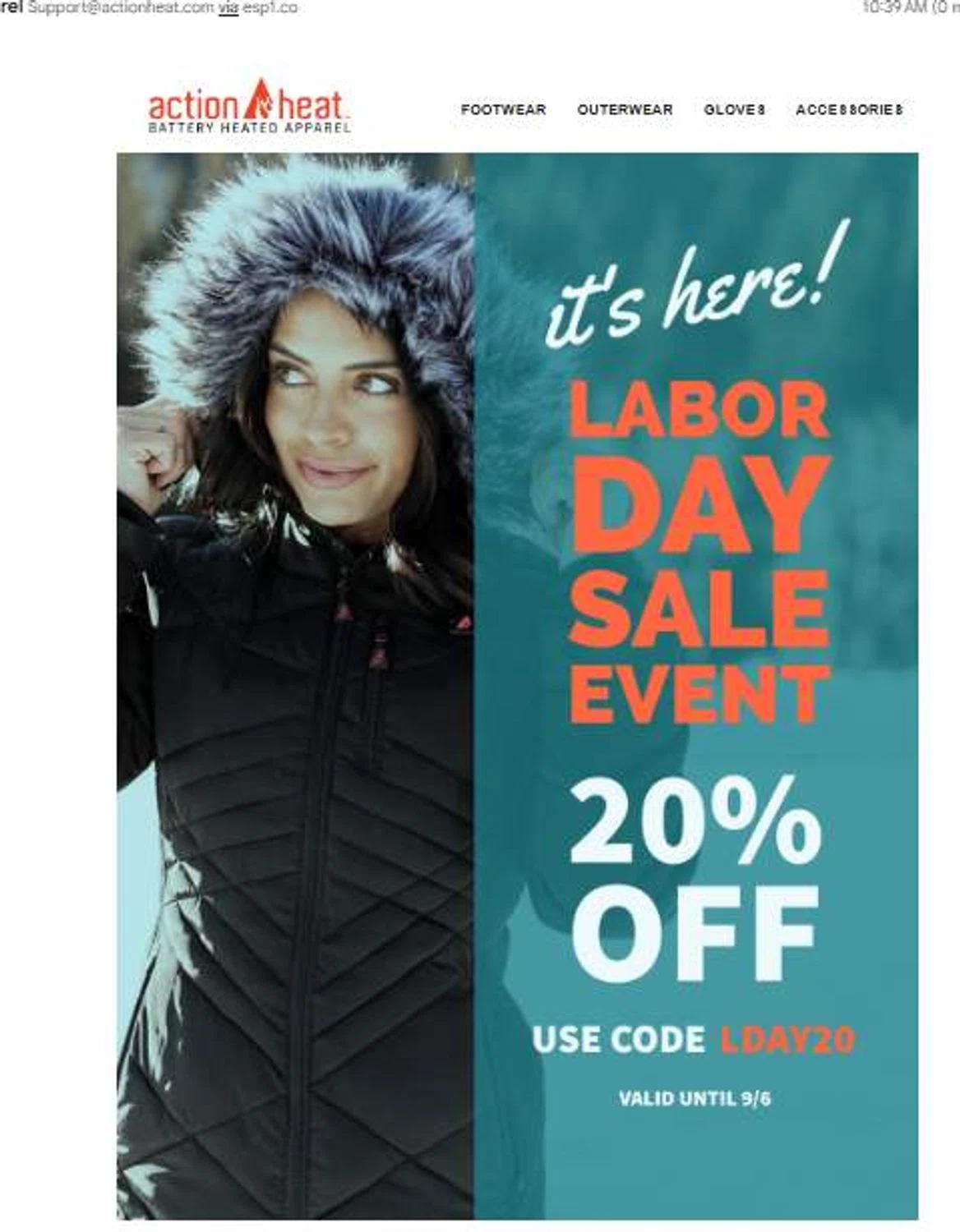 Action Heat discount code screenshot showing code LDAY20 applied at Action Heat checkout page. Uploaded by SimplyCodes community member 6d796e616d656973 on Aug 27, 2025