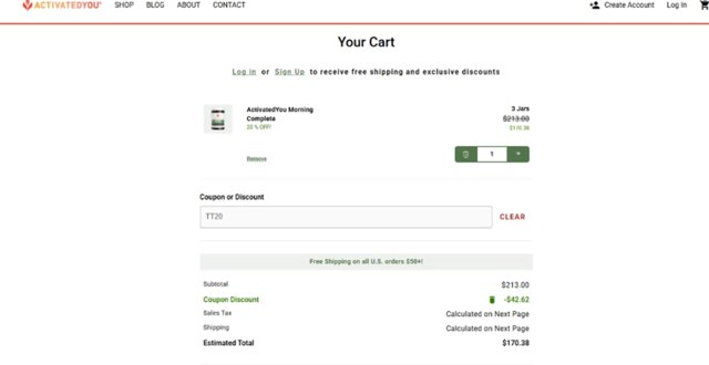ActivatedYou checkout page showing ActivatedYou discount code box | Screenshot taken by SimplyCodes community member on Aug 29, 2025