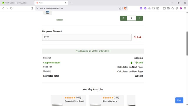 ActivatedYou checkout page showing ActivatedYou discount code box | Screenshot taken by SimplyCodes community member on Sep 2, 2025