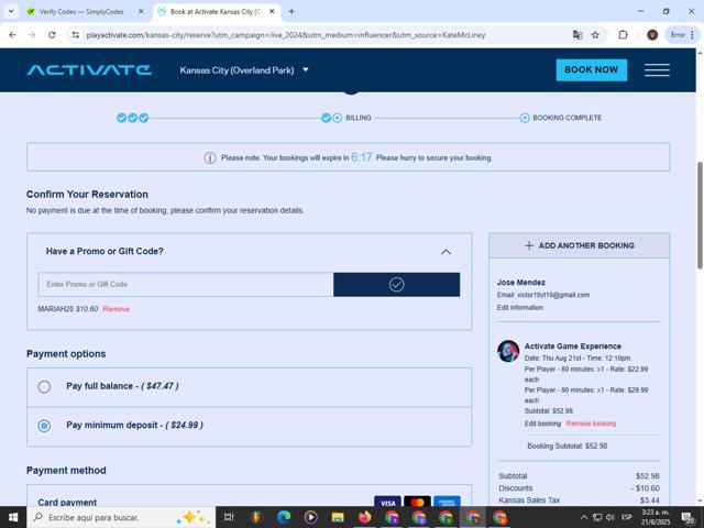 Activate Games checkout page showing Activate Games promo code box | Screenshot taken by SimplyCodes community member on Aug 21, 2025