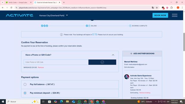 Activate Games checkout page showing Activate Games promo code box | Screenshot taken by SimplyCodes community member on Sep 14, 2025