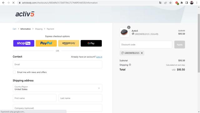 Activ5 checkout page showing Activ5 discount code box | Screenshot taken by SimplyCodes community member on May 17, 2023