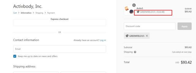 Activ5 checkout page showing Activ5 discount code box | Screenshot taken by SimplyCodes community member on Jul 12, 2021