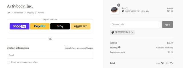 Activ5 checkout page showing Activ5 discount code box | Screenshot taken by SimplyCodes community member on Apr 12, 2022