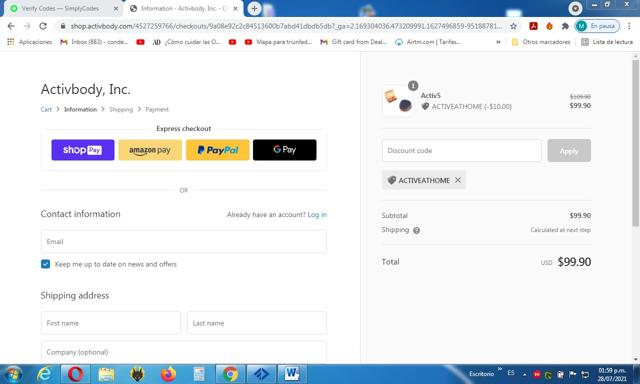 Activ5 checkout page showing Activ5 discount code box | Screenshot taken by SimplyCodes community member on Jul 28, 2021