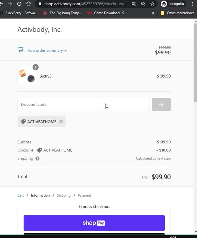 Activ5 checkout page showing Activ5 discount code box | Screenshot taken by SimplyCodes community member on Apr 29, 2021