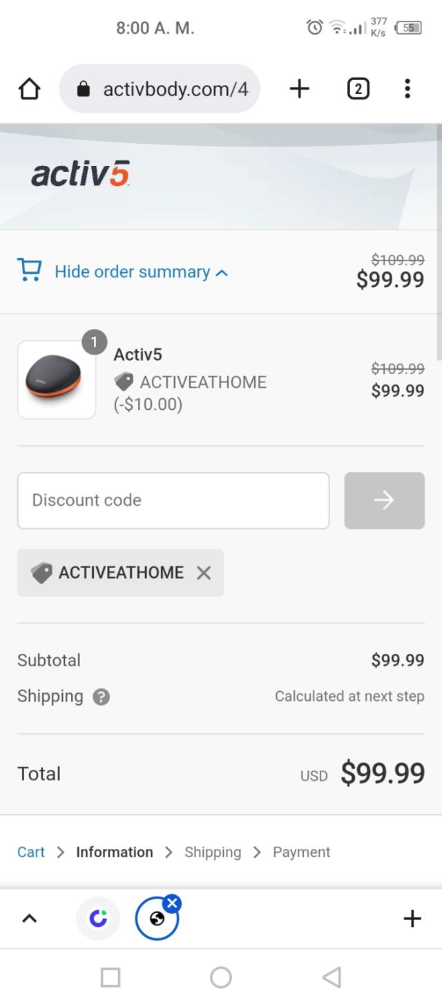 Activ5 checkout page showing Activ5 discount code box | Screenshot taken by SimplyCodes community member on Oct 6, 2022