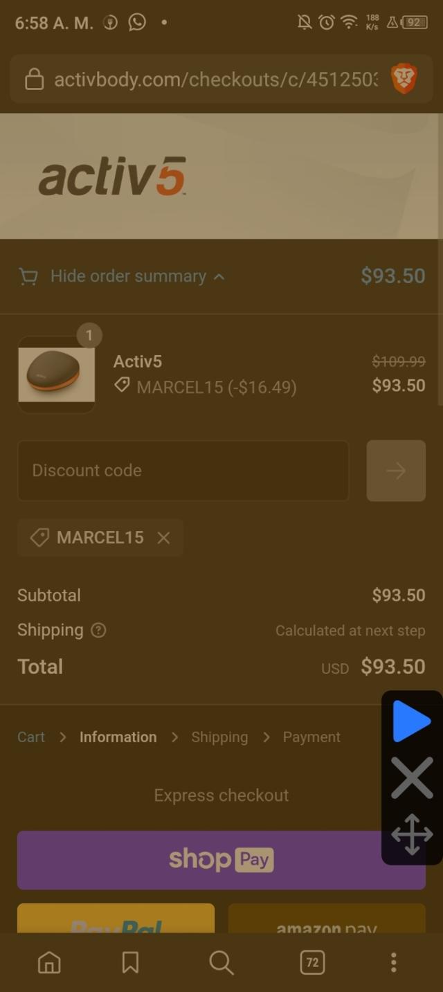 Activ5 checkout page showing Activ5 discount code box | Screenshot taken by SimplyCodes community member on May 10, 2023