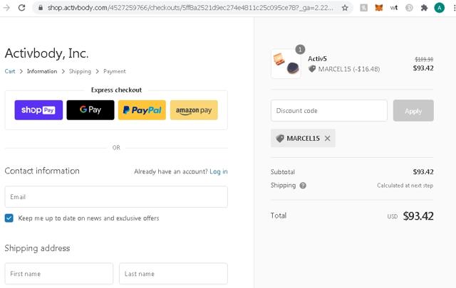 Activ5 checkout page showing Activ5 discount code box | Screenshot taken by SimplyCodes community member on May 1, 2021