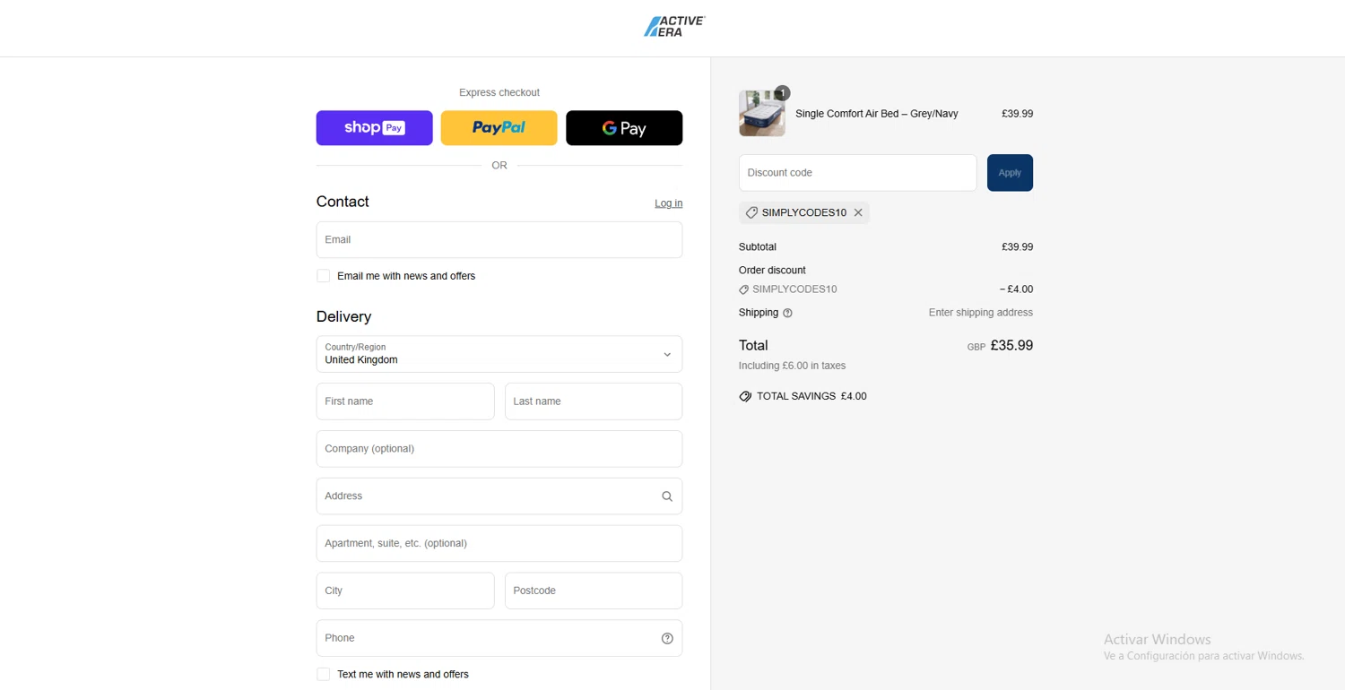 Active Era discount code screenshot showing code SIMPLYCODES10 applied at Active Era checkout page. Uploaded by SimplyCodes community member VoucherLynx1047 on Jun 25, 2025