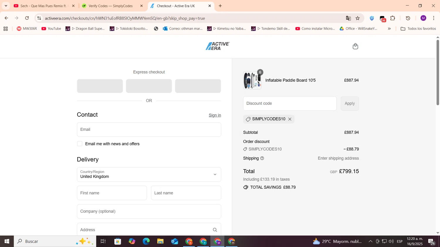 Active Era discount code screenshot showing code SIMPLYCODES10 applied at Active Era checkout page. Uploaded by SimplyCodes community member cod_gakpo on Sep 16, 2025