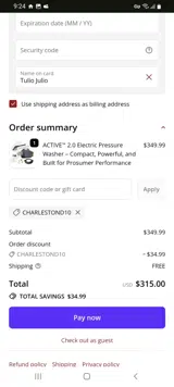 CHARLESTOND10 coupon verification screenshot