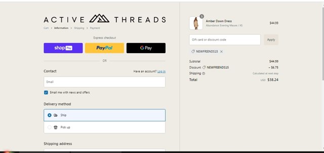Active Threads checkout page showing Active Threads discount code box | Screenshot taken by SimplyCodes community member on Aug 3, 2023