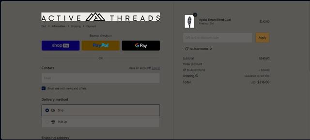 Active Threads checkout page showing Active Threads discount code box | Screenshot taken by SimplyCodes community member on Aug 17, 2023