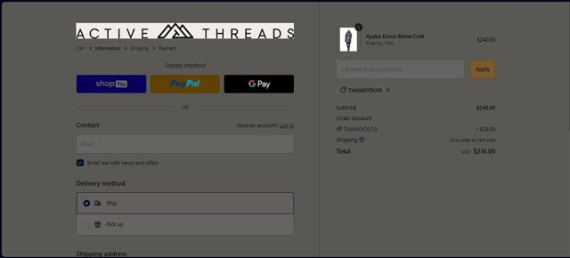 Active Threads checkout page showing Active Threads discount code box | Screenshot taken by SimplyCodes community member on Aug 17, 2023