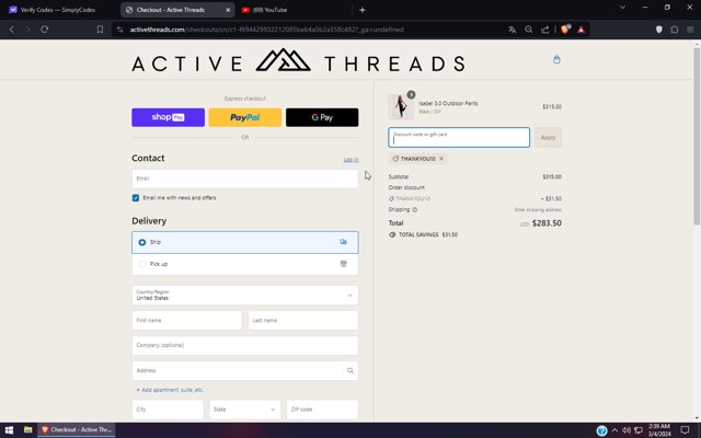 Active Threads checkout page showing Active Threads discount code box | Screenshot taken by SimplyCodes community member on Mar 4, 2024