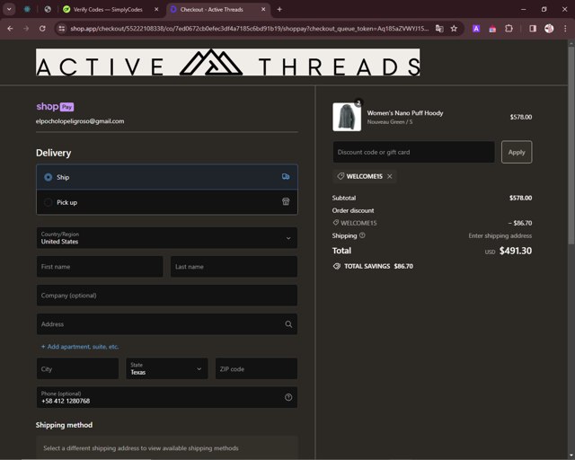 Active Threads checkout page showing Active Threads discount code box | Screenshot taken by SimplyCodes community member on Apr 4, 2024
