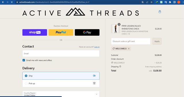 Active Threads checkout page showing Active Threads discount code box | Screenshot taken by SimplyCodes community member on Oct 19, 2023