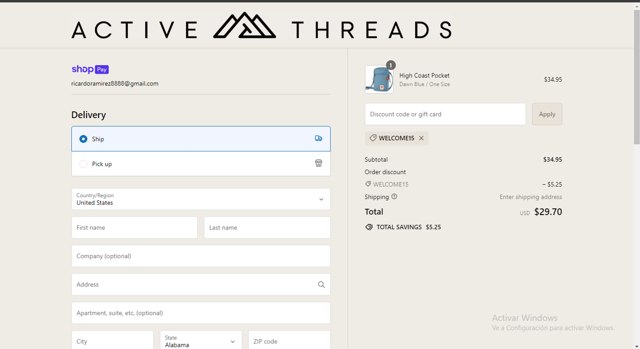 Active Threads checkout page showing Active Threads discount code box | Screenshot taken by SimplyCodes community member on May 15, 2024