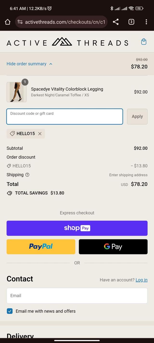 Active Threads checkout page showing Active Threads discount code box | Screenshot taken by SimplyCodes community member on Jan 22, 2024