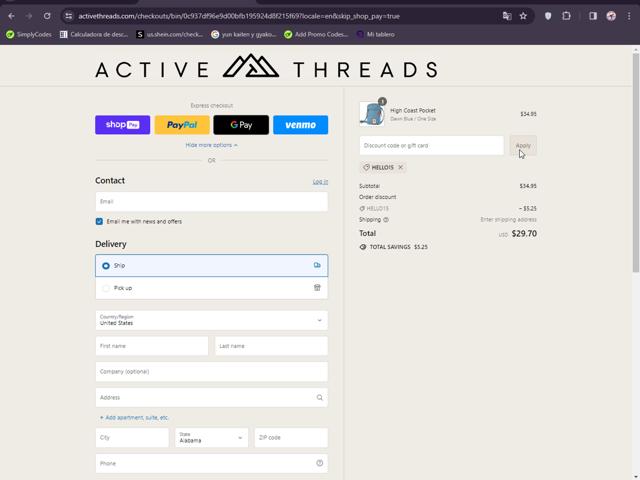 Active Threads checkout page showing Active Threads discount code box | Screenshot taken by SimplyCodes community member on Apr 4, 2024