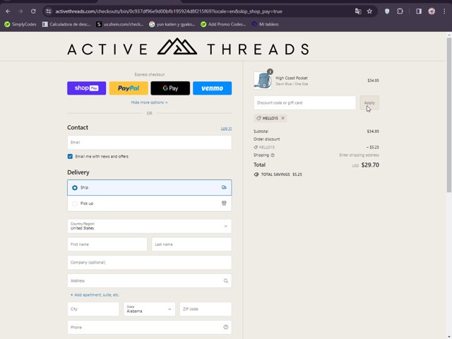 Active Threads checkout page showing Active Threads discount code box | Screenshot taken by SimplyCodes community member on Apr 4, 2024