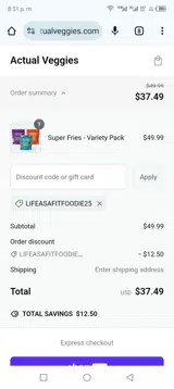 Actual Veggies coupon verification screenshot