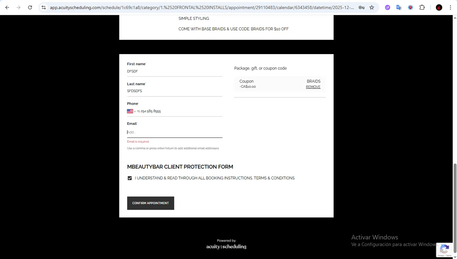 Acuity Scheduling promo code screenshot showing code BRAIDS applied at Acuity Scheduling checkout page. Uploaded by SimplyCodes community member Francisco01 on Dec 8, 2025
