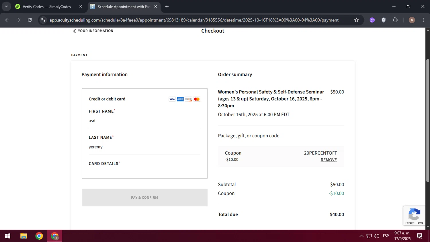 Acuity Scheduling promo code screenshot showing code 20PERCENTOFF applied at Acuity Scheduling checkout page. Uploaded by SimplyCodes community member 61664350 on Sep 17, 2025