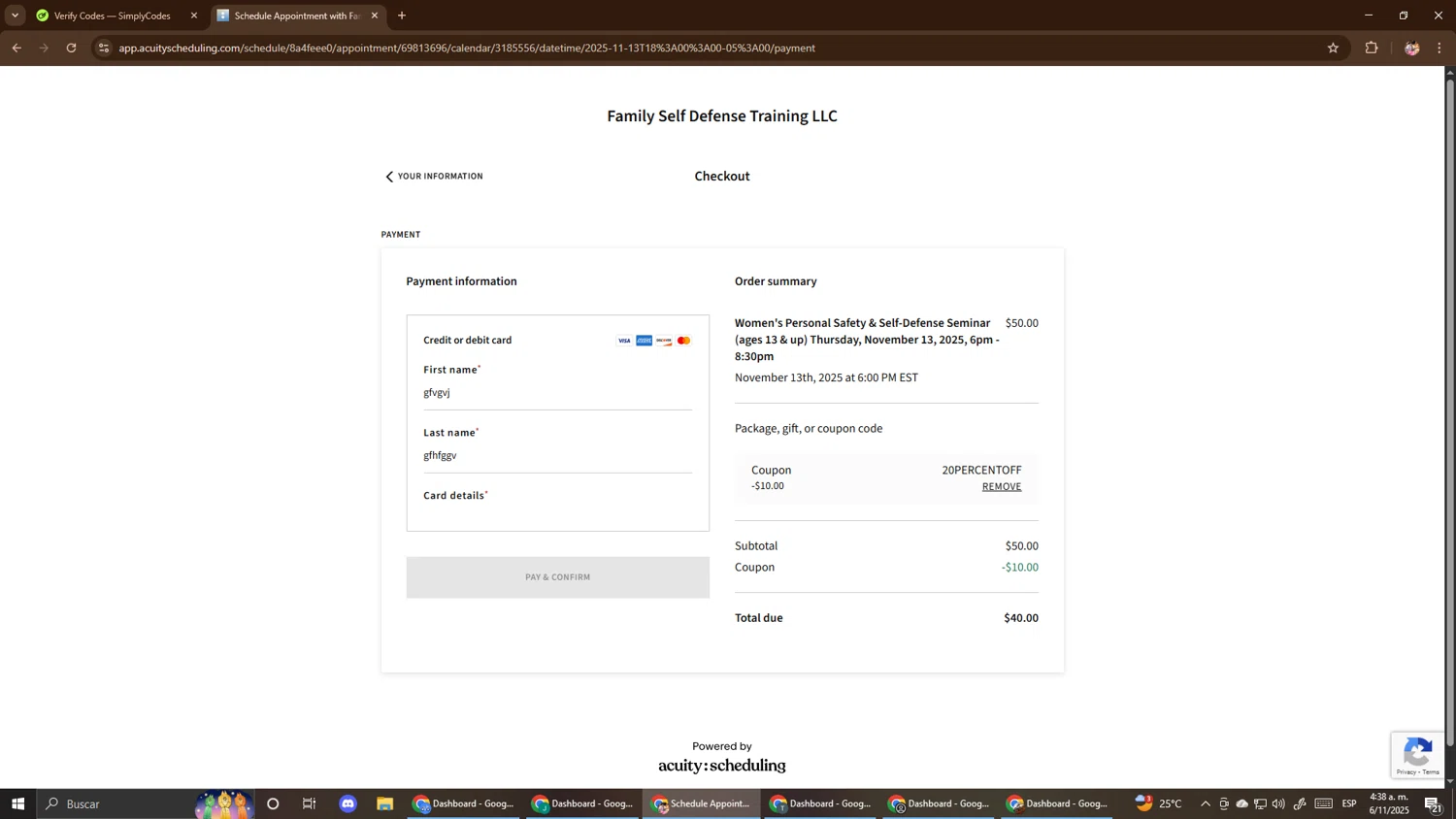 Acuity Scheduling promo code screenshot showing code 20PERCENTOFF applied at Acuity Scheduling checkout page. Uploaded by SimplyCodes community member El_mynor on Nov 6, 2025