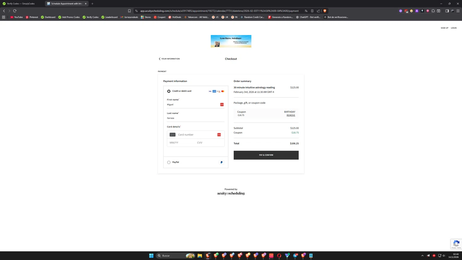 Acuity Scheduling checkout page showing Acuity Scheduling promo code box | Screenshot taken by SimplyCodes community member on Jan 14, 2026