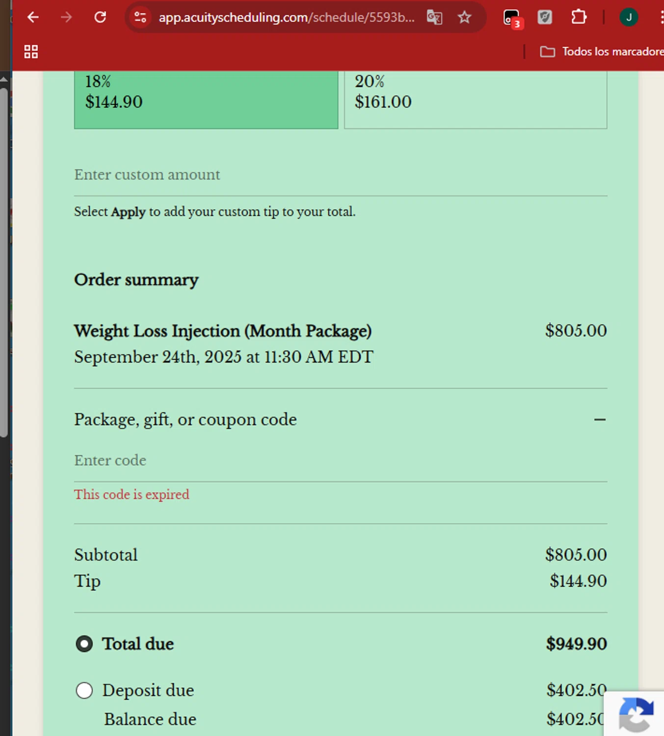Acuity Scheduling promo code screenshot showing code WEIGHTLOSS50 applied at Acuity Scheduling checkout page. Uploaded by SimplyCodes community member SilverAdmiral2559 on Sep 24, 2025